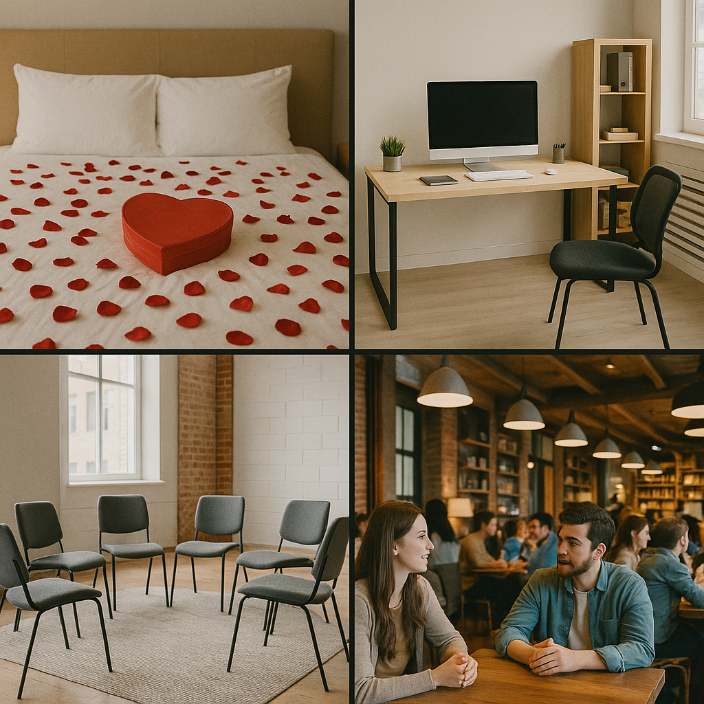 Four different settings are shown including a bedroom, office, meeting space, and crowded coffee shop.