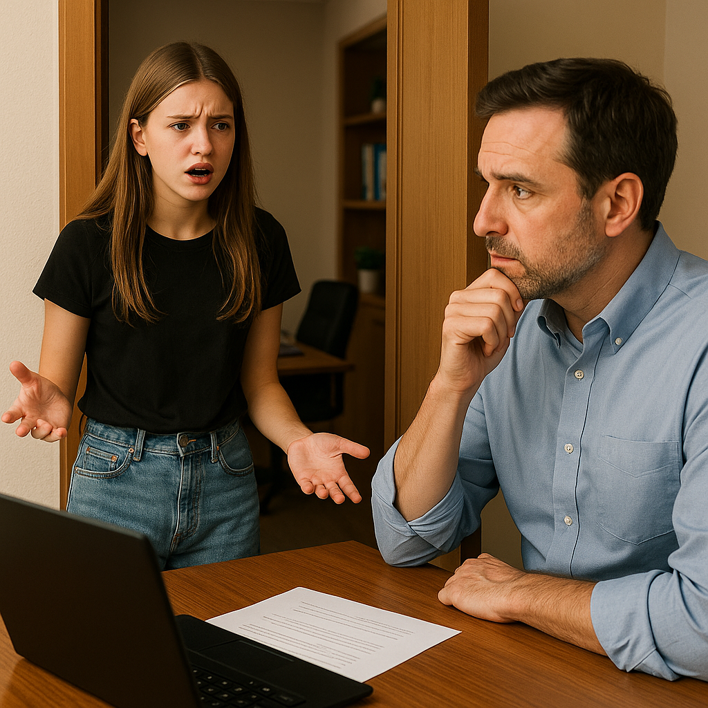 A father and daughter are discussion a concern the daughter has