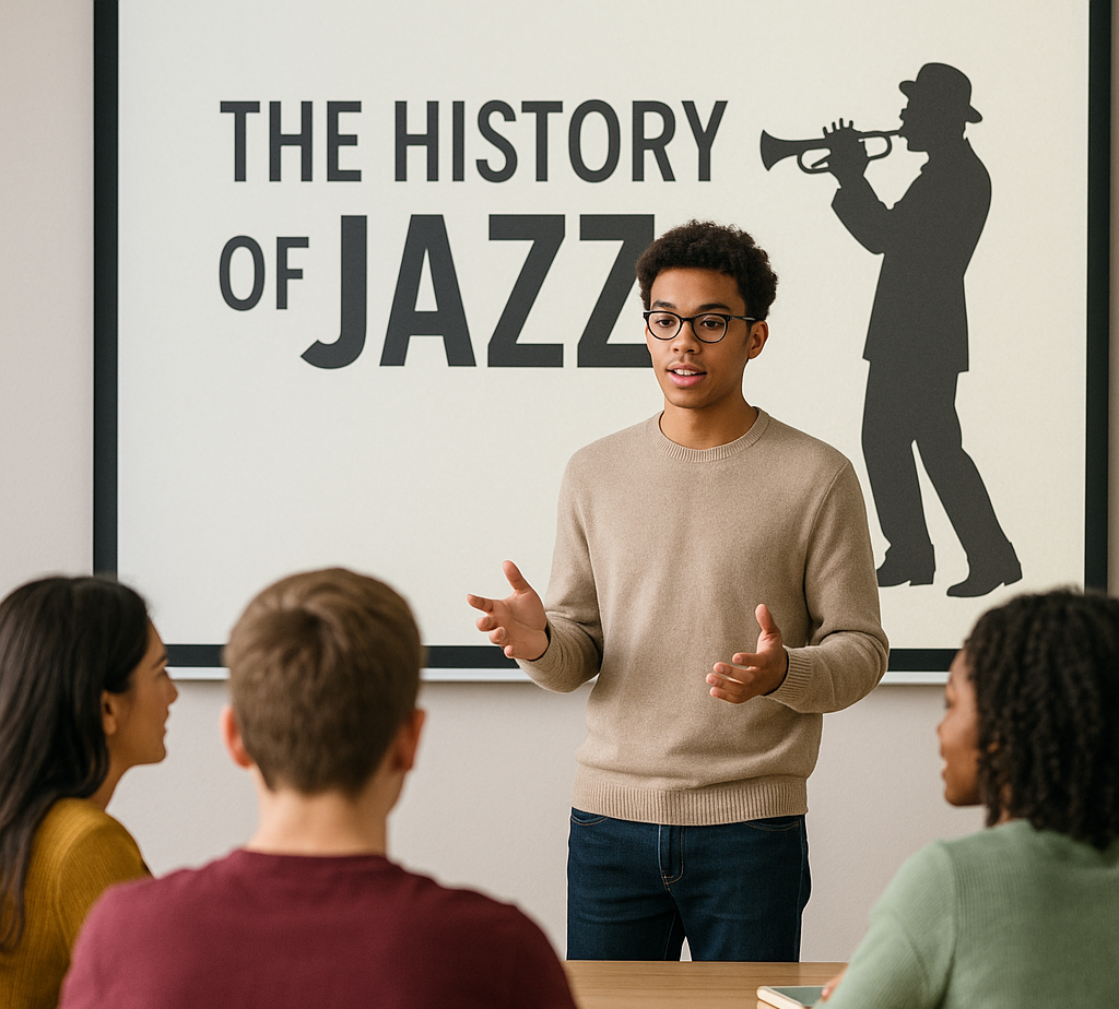 A student is giving a presentation to his classmates about the history of jazz