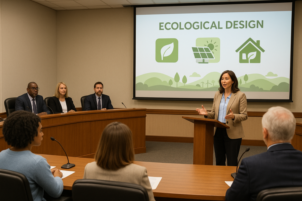 A woman is presenting to a group on ecological design