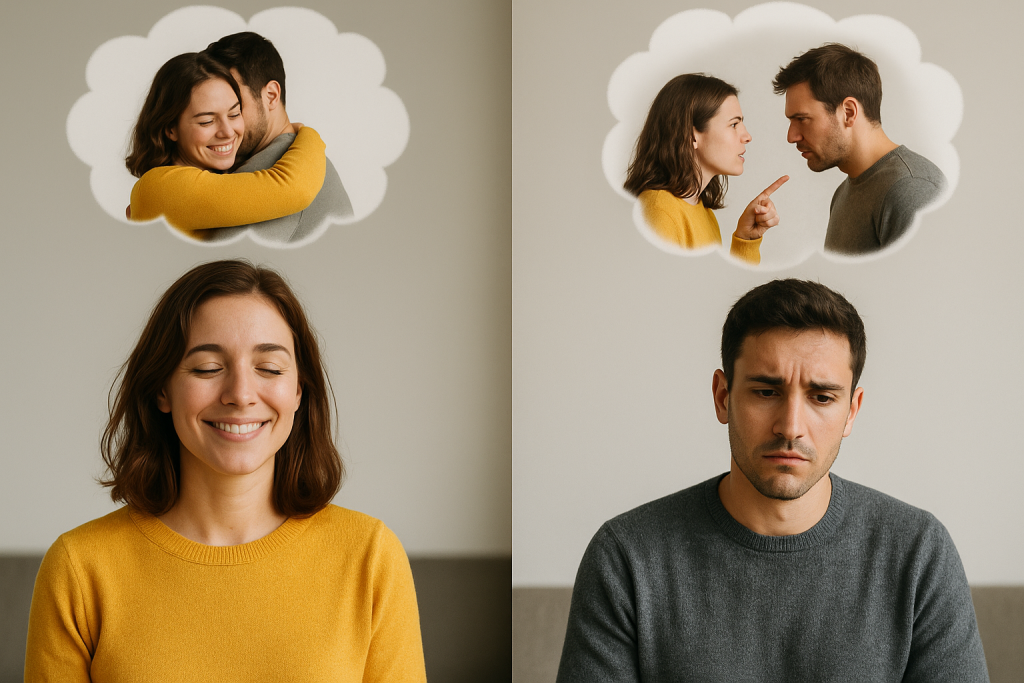 Two people, each with a thought bubble shown. The happy person is thinking of hugging someone while the unhappy person is thinking of an argument