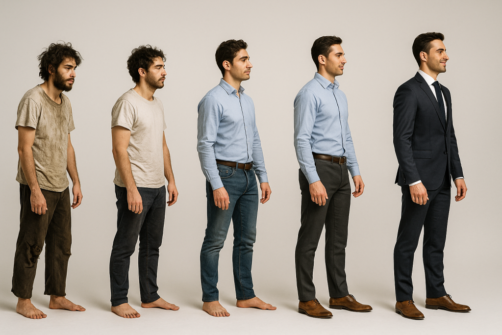 The evolution of a person from disheveled to clean cut in appearance