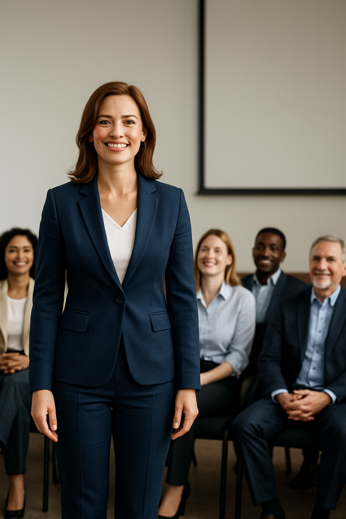 AI generated woman looking confident in a room with others behind her