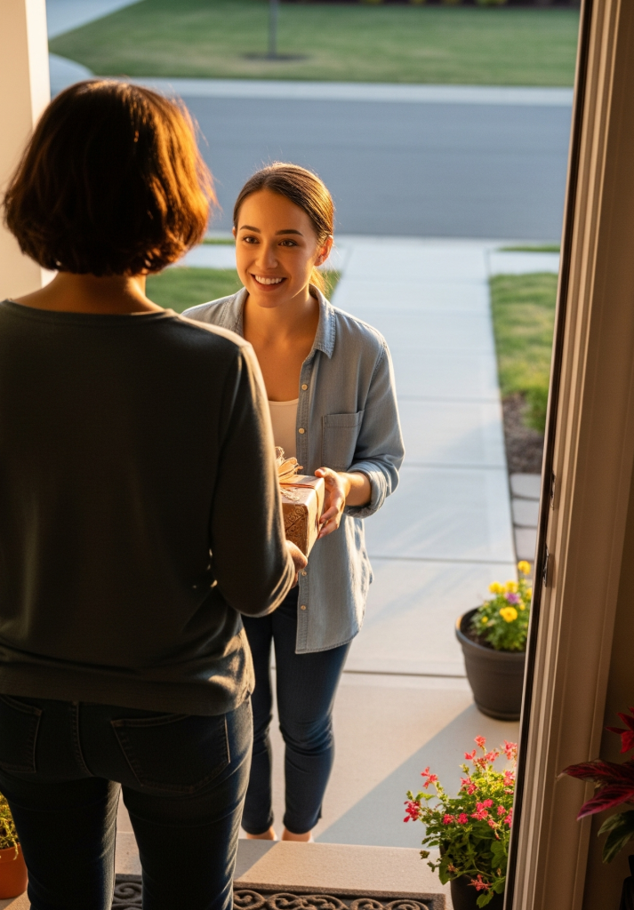 Two women are standing in a doorway, the woman outside is handing the other a gift