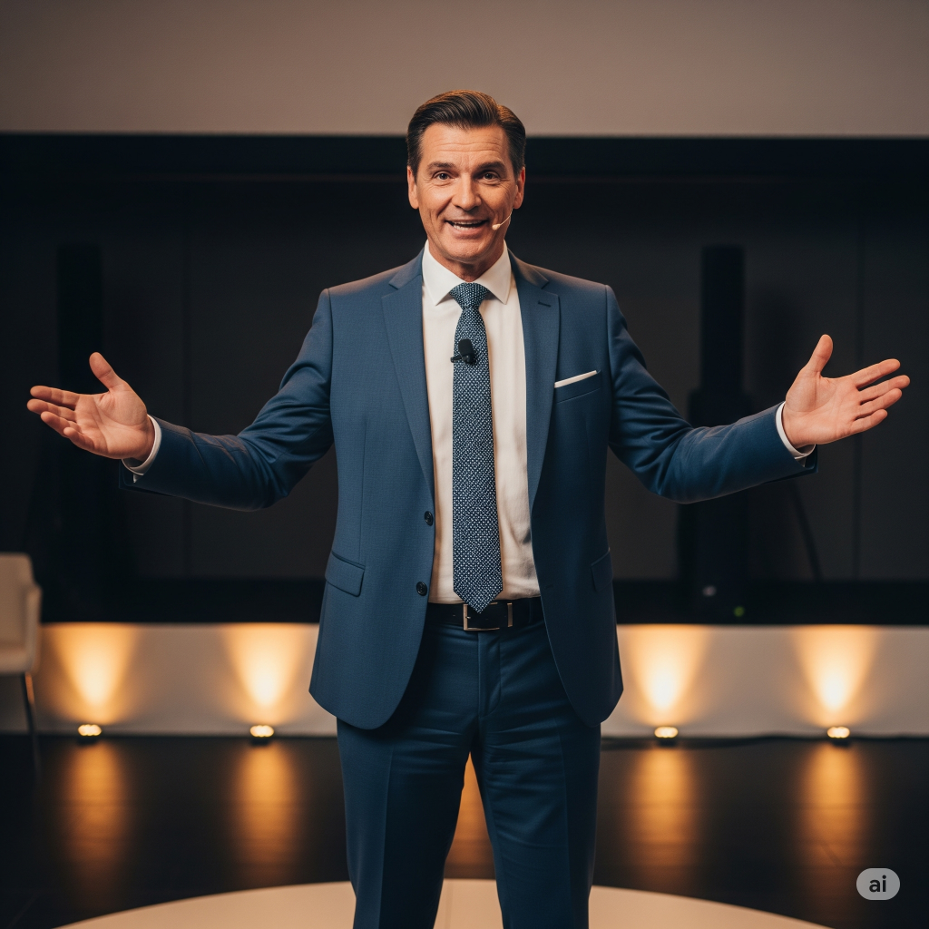 A presenter is standing with arms open and facing outward