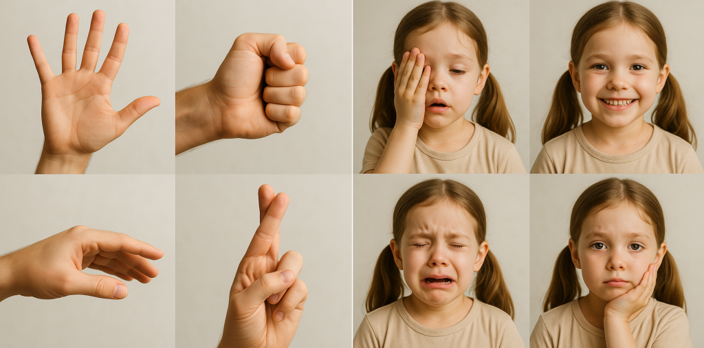 Four hand gestures and a child making four different facial expressions