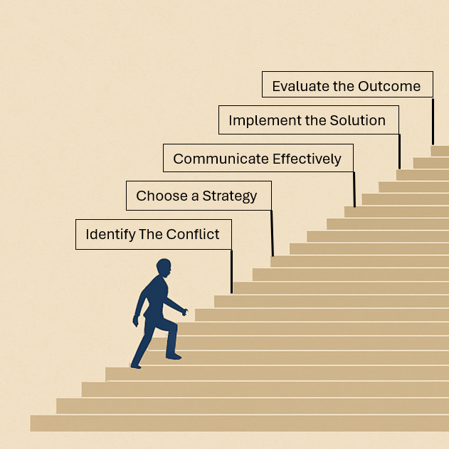 "Applying_strategies" by Nic Ashman, Chippewa Valley Technical College is licensed under CC BY-NC 4.0 Illustration showing a figure walking up a set of stairs, under text boxes that list the five applications of conflict resolution