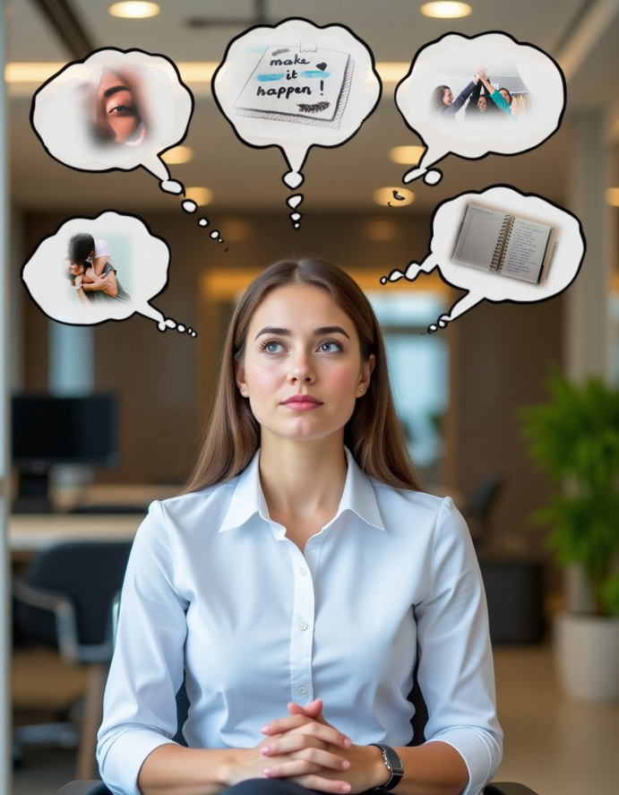 A young woman has several thought bubbles depicting parts of her self concept