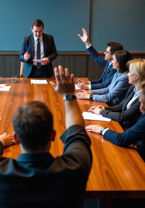 Office meeting around a large table with the facilitator counting the number of people with hands raised