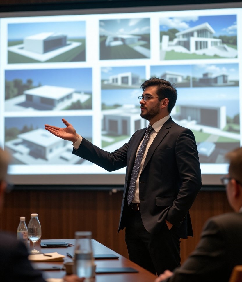 A person is presenting to a group with images of building design showing on a screen behind them