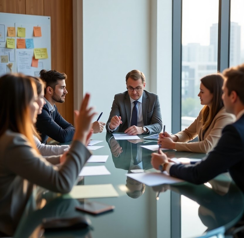 Office meeting around a large table with the facilitator counting the number of people with hands raised