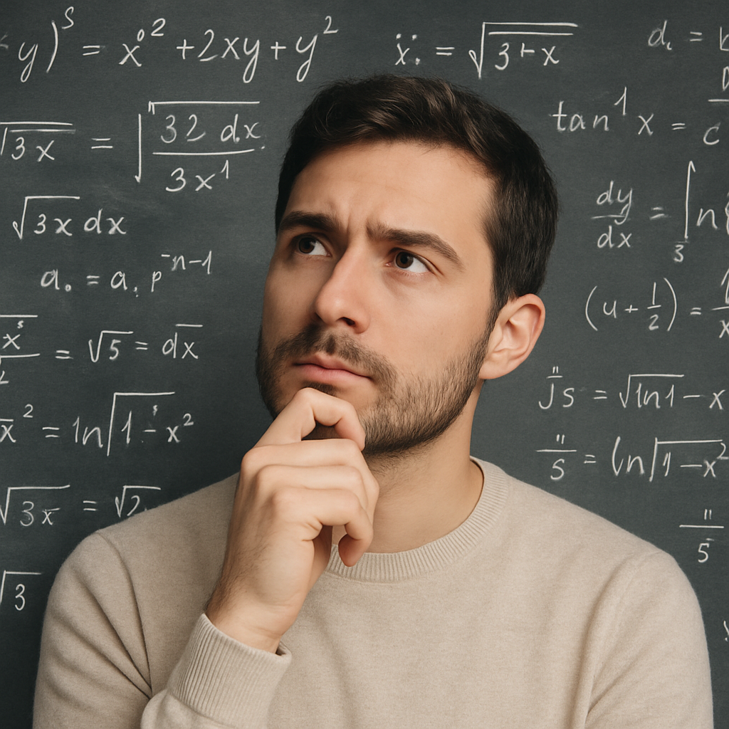 A person is looking contemplative, with math problems in the background