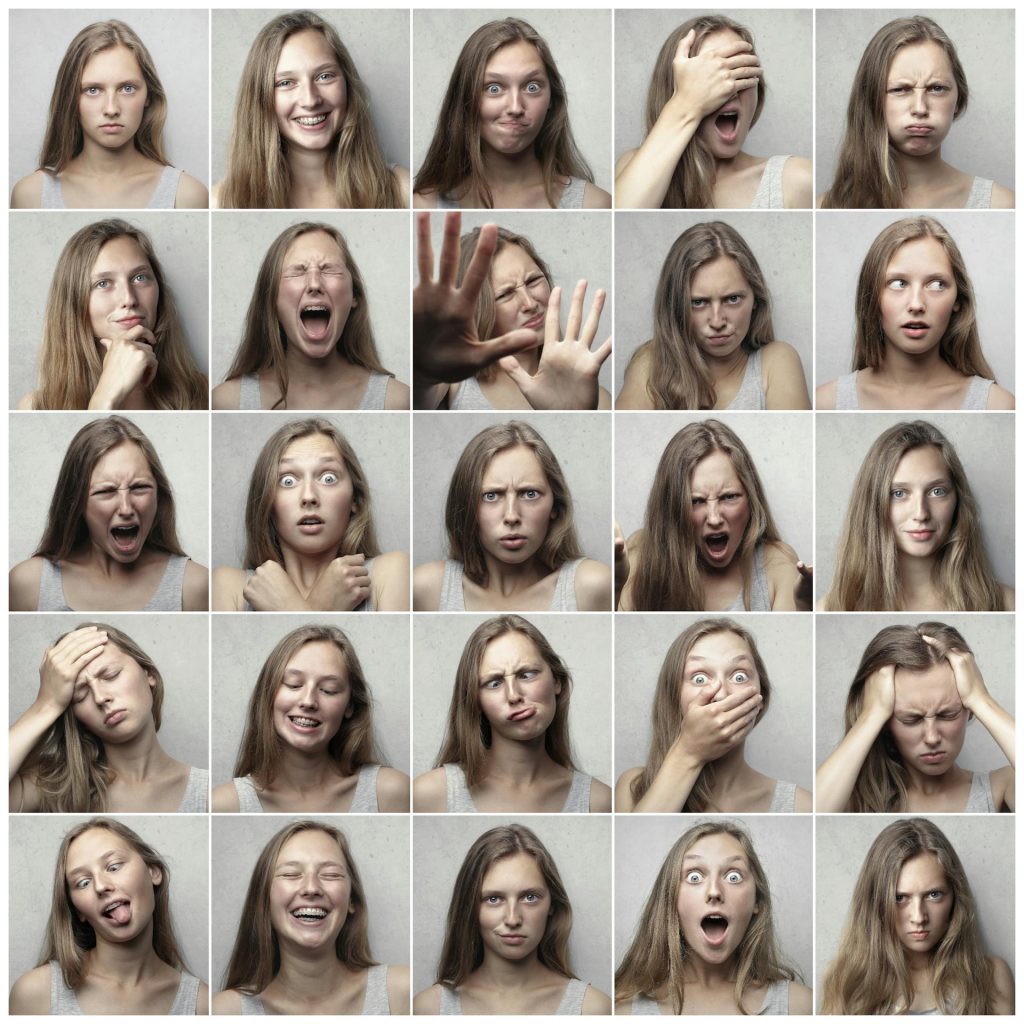 "collage-photo-of-woman-3812743" by Andrea Piacquadio, via Pexels is licensed under CC0 Various images of the same person, each showing a different facial expression